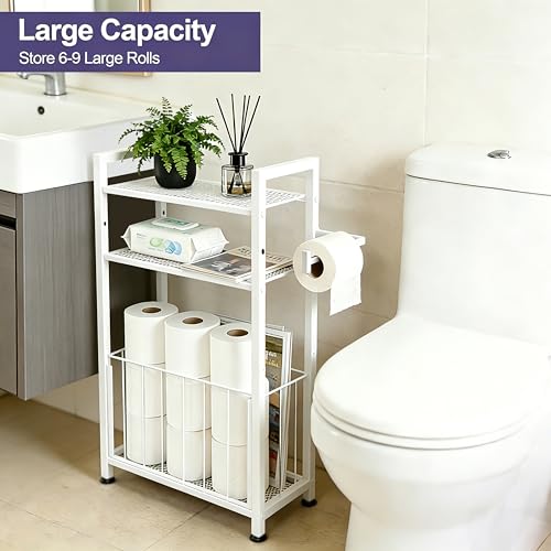 Freestanding Toilet Paper Holder with Shelf, Holds 6–9 Rolls, Space-Saving Bathroom Organizer for Small Spaces, Toilet Roll Holder Stand Keeps Rolls Clean & Dry, White - color: White