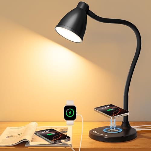 BOHON Desk Lamp for Home Office with USB C+A Charging Ports Timer Black | LED Desk Light with Wireless Charger 5 Colors Stepless Dimming Reading Light Touch Bedside Table Lamp for College Dorm Room - color: Black