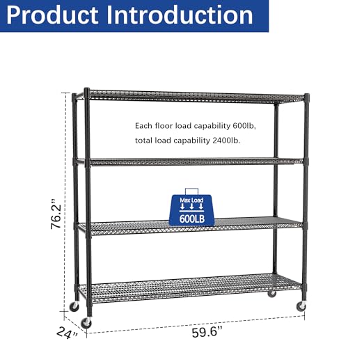 REGILLER 4-Wire Shelf Adjustable Heavy Duty Storage Shelves, Metal Organizer Wire Rack for Laundry Bathroom Kitchen Pantry Closet Garage Shelving with Wheel(Black,24" Dx59.6 Wx72.2 H) - size: 4Tier With Wheel 24"D x 59.6"W x 72.2"H