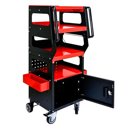 4-Level Multi Purpose Tool Trolley Cart with Cabinet & Locking Caster | Mechanic workshop service utility cart, full 360° locking wheels, storage chest organizer for garage repair use