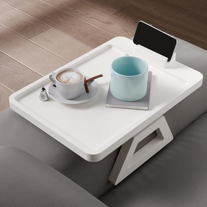 Couch Arm Tray with 360°Phone,Bamboo Folding Sofa Tray,Sofa Armrest Trays Clip-On Couch Desk for Drinks,Snacks,Phone,Remote Control（White） - color: White, style: 13.0" x 9.4"Phone Holder