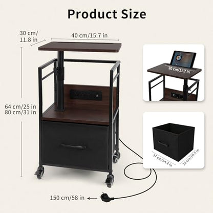 Small Bedside Table with Charging Station, Rolling Side Table with Wheels, Small Nightstand with Drawer Storage for Bedroom - Black Walnut Look - color: Black Walnut