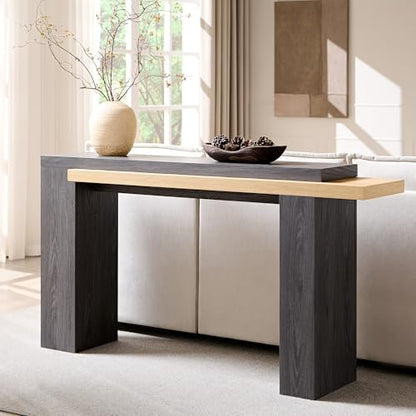 OKD 63" Geometric Console Table with Layered Top, Natural Oak & Dark Alder | Extended Layered Top, Sturdy Support Legs, Entryway, Hallway, Foyer, Living room, Behind Sofa - color: Natural Oak With Dark Alder