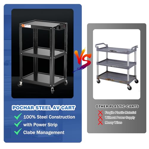 3 Shelf Metal Utility Cart with Wheels & Power Strip - Steel Mobile AV Cart for Video Projector, TV, Laptop, Computers, Printers - Height Adjustable Media Carts for Office Classroom Warehouse - style: AV Cart without Keyboard Tray (AV-JS)