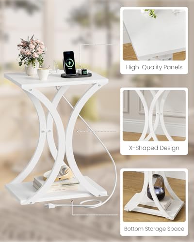 CHOEZON White End Table with Charging Station, 2-Tier Narrow Side Table, Nightstand with Storage Shelf, for Small Spaces, for Living Room, Bedroom, White TBZ20UWB - color: White