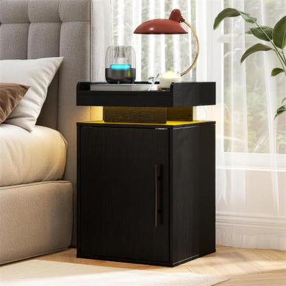 Baoz Black Nightstand Set of 2 with Door, 24" Tall Led Modern Bedside Table | Wood Night Stand with Side Open Shelf & Adjustable Shelf for Bedroom, Smart Lights with RGB Colors