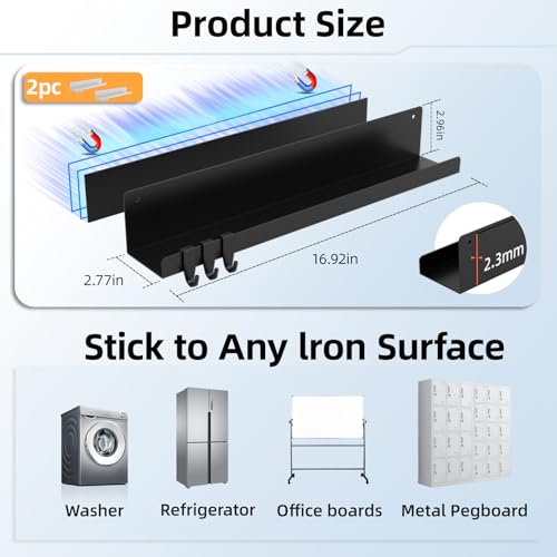 17 Inch Black Metal Magnetic Floating Shelves, Book Shelf 2-Pack | Strong magnetic shelf holds 14.33 lbs. Fits whiteboards, fridges, steel. Reusable, no drill. Great for classrooms.