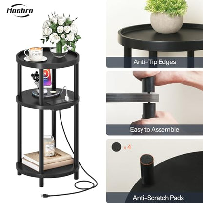 HOOBRO Set of 2 Small Round Side Tables with Charging Station, 3-Tier Round Bamboo End Tables, Easy Assembly, for Living Room, Bedroom, Apartment, Black BB152UBZP201 - color: Black