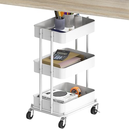 Simple Houseware 3-Tier Utility Cart, Low 24" Height Fits Under Desk, White | Compact & Lower Height Great for Under-Desk Space-Saving Storage for Home Office, Dining Room, or Kitchen - color: White