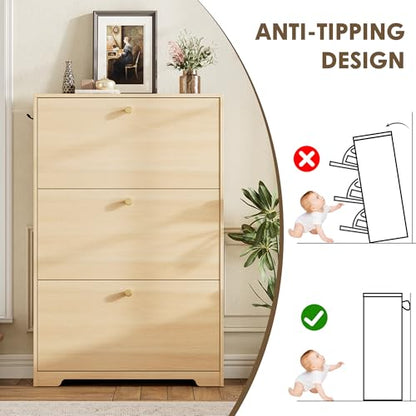 Nicetree Shoe Storage Cabinet, Slim Shoe Cabinet, Hidden Shoe Rack Cabinet, Shoe Storage Cabinet for Entryway, Hallway, Foyer, Natural Oak - color: Natural Oak, style: 3-Drawers