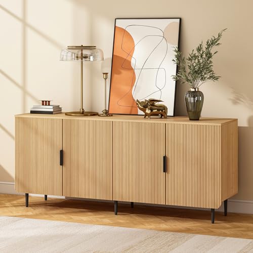 65" Fluted Sideboard Buffet Cabinet with Storage, Console Cabinet with 4 Doors & Adjustable Shelves, Modern Buffet Table for Kitchen Dining Living Room Hallway‌ Entryway, Natural - color: Natural