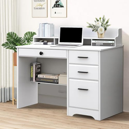 Computer Desk with 4 Drawers and Hutch, Home Office White Writing Desk with File Drawer and Shelves for Small Spaces, Small Desk Study Table for Bedroom - color: Light White