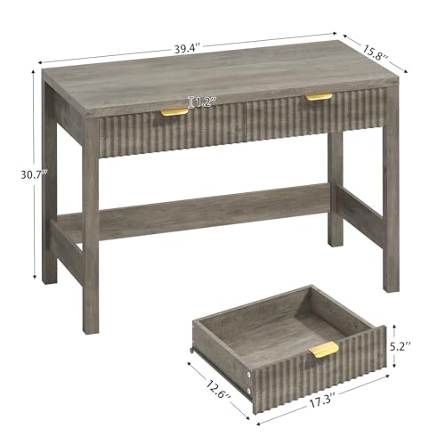 YOMILUVE Fluted Computer Desk with 2 Drawers, 39 Inch Small Computer Desk with Storage, Compact Writing Study Desk for Small Spaces, Gray - color: Grey