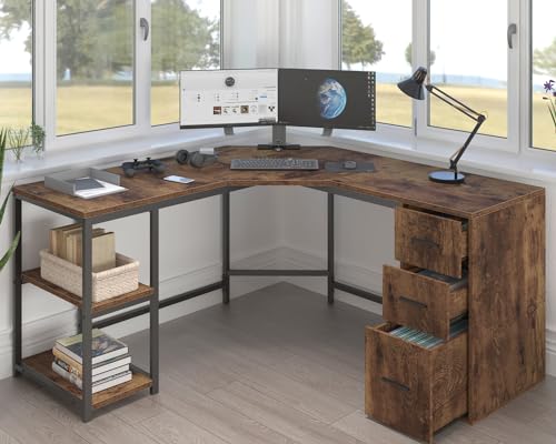 LVB Farmhouse L-Shaped Corner Desk with Drawers, Reversible Home Office Executive Desk with Storage Cabinet Shelves, Large Wood Metal L Shaped Table for Work Study Writing Gaming, Rustic Brown, 60 in - color: Rustic Brown Oak