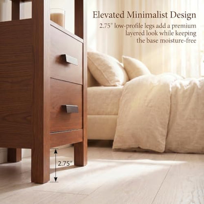 Narrow Nightstand with Charging Station, 24.4" H Slim Side Table with 2 Drawers, Bedside Table for Small Spaces, Modern End Table with Low Profile Legs (Walnut) - color: Walnut