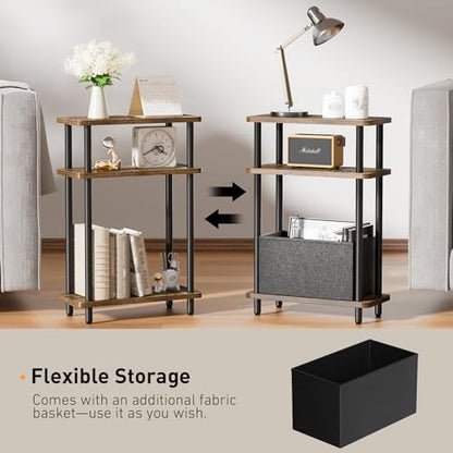 THUMEYE Narrow Side Table with Fabric Basket, 7" Wide, 3 Tier Skinny End Table with Wood Legs, Slim Nightstand/Bedside Table for Small Spaces, with Adjustable Feet, 15.7" L x 23" H - color: Rustic Brown, size: 3-Tier
