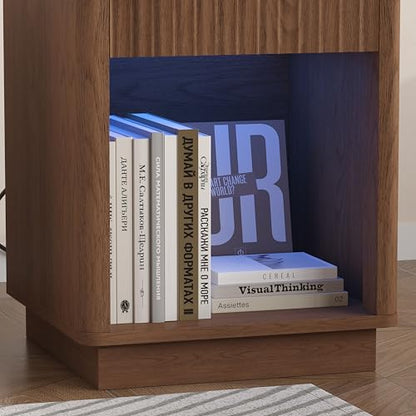 Akxomel Fluted Nightstand, Wooden Night Stand with Charging Station and LED Light, Modern Mid Century End Table with Drawer, 15" D x 15.7" W x 22.6" H, for Bedroom, Walnut - color: Walnut