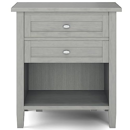 SIMPLIHOME Warm Shaker Bedside Table - 24 inch Wide Solid Wood Nightstand in Fog Grey, Transitional Bedroom Side or End Table with 2 Drawers, Open Shelf Storage and Brushed Nickel Hardware - color: Fog Grey