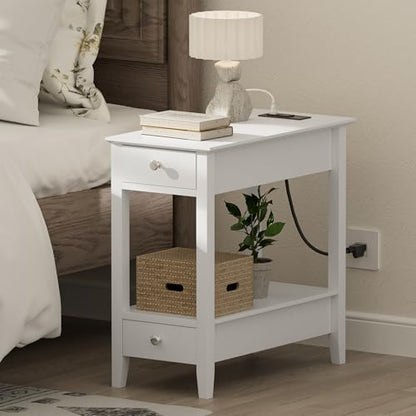 Treocho End Tables Living Room Set of 2 with Charging Station and 2 Drawers | Narrow Side Table with Ample Storage, Sofa Bedside Table for Small Spaces, Living Room, Bedroom, White - color: White