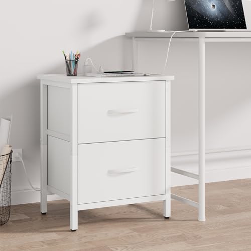 Vagusicc Nightstand with Charging Station, Bedside Table with USB Ports and Outlet, End Table Side Table with 2 Fabric Drawers for Bedroom, Living Room, White - color: White (1 Pack)