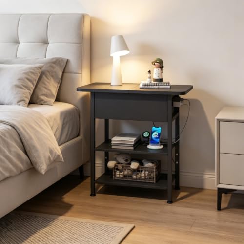 WLIVE 3-Tier End Table with Charging Station, Flip Top Narrow Side Table with Storage Shelf, Small Nightstand with USB Ports and Outlets,Bedside Table for Living Room, Bedroom - color: Black