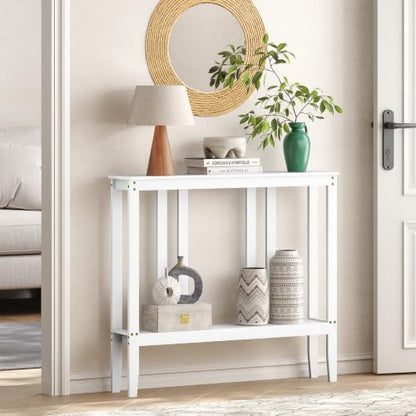 ELYKEN Bamboo 2-Tier Narrow Console Table, 36.2" Long Slim Hallway Table | Sofa Table Behind Couch with Storage Shelf for Entryway, Living Room, Foyer - color: White