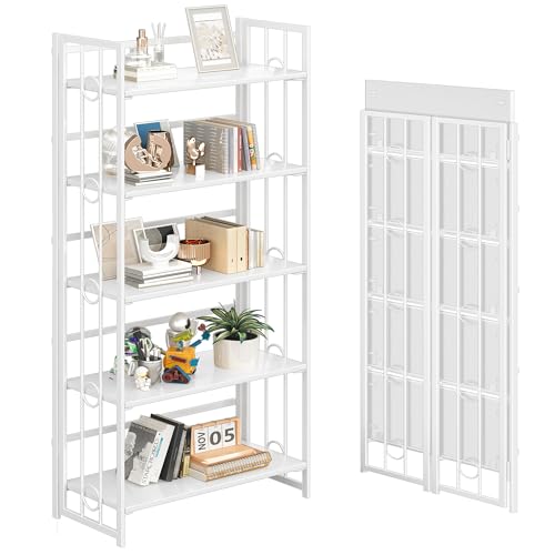 4NM No Assembly 5 Tiers Folding Bookshelf, 59.4" H Foldable Storage Shelves Vintage Bookcase Standing Racks Study Organizer Home Office - All White - color: All White, size: 5-Tier
