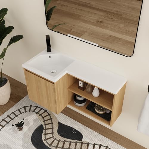 Malwee 36" Corner Floating Bathroom Vanity with Resin Sink, Left Side L-Shaped Wall Mounted Cabinet, Soft Close Door & Open Shelf, Space Saving Vanity for Small Bathroom, Light Brown - size: 36" (Left Sink)