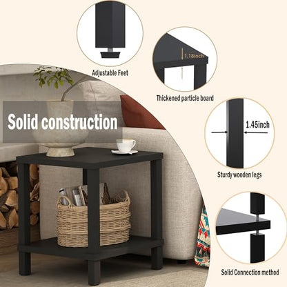 MMEOLUOOK Large End Table Square Side Table Modern Sofa Table 20 Inch Industrial Coffee Table NightStand with 2-Tier Storage Shelf for Living Room Bedroom Black MLBZ06B - color: Black