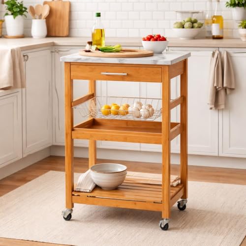 Boraam Aya Bamboo Kitchen Cart with Faux Marble Top - size: Kitchen Cart
