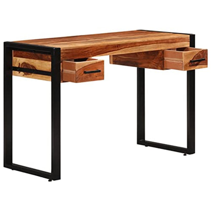 Industrial Writing Desk with Drawers, Solid Acacia Wood Home Office Workstation, Powder-Coated Steel Frame, Compact Study Computer Desk, 43.3 x 19.7 x 30.3 Inch