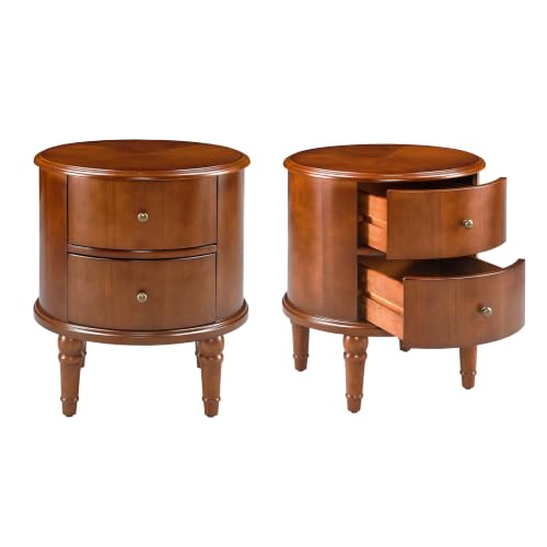 Round End Side Table with 2 Storage Drawers Set of 2, Sofa Beside Tables for Living Room, No-Tools Assembly, Nightstand with Carved Wood Legs for Bedroom, 17.7" Dia x 20.1" H Honey Amber YBG-B5598-MG - style: Round End Table Set of 2
