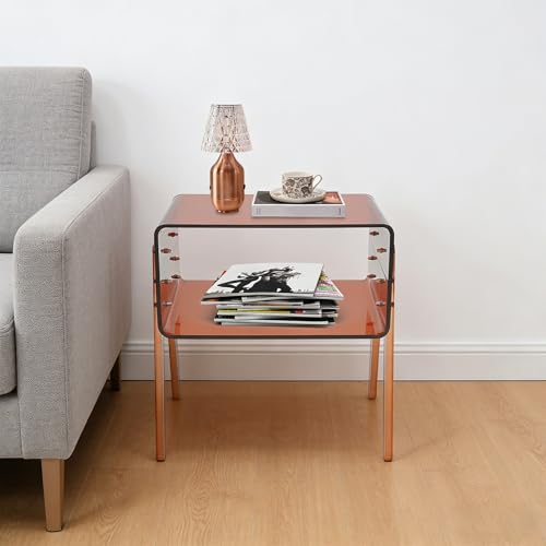 Acrylic Side Table, 2-Tier End Table with Open Storage for Small Spaces, Brown Modern Nightstand for Bedroom, Living Room, Apartment - color: Brown