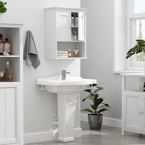 Treocho Wood Wall Cabinet, Bathroom Medicine Cabinet Storage with Doors and Adjustable Shelf, Rustic Cabinet Wall Mounted for Bathroom, Livingroom, Kitchen, Cupboard, White - color: White