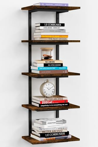 Harwaya 5 Tier Wall Bookshelf Unit for Bedroom Books, Large Floating Book Shelves Wall Mounted, Rustic Wood Lack Tiered Hanging Shelf for Kitchen Office Living Room Corner (Dark Brown) - color: Rustic Brown