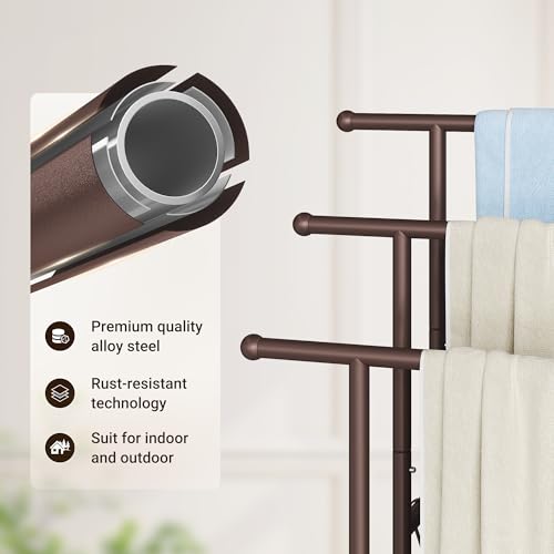 ELYKEN 3 Tier Standing Towel Rack, 40'' Tall Towel Drying Rack Outdoor, Freestanding Floor Towel Rack with Shelf, Pool Towel Blanket Stand, Metal Towel Racks for Bathroom freestanding, Bronze - color: Bronze