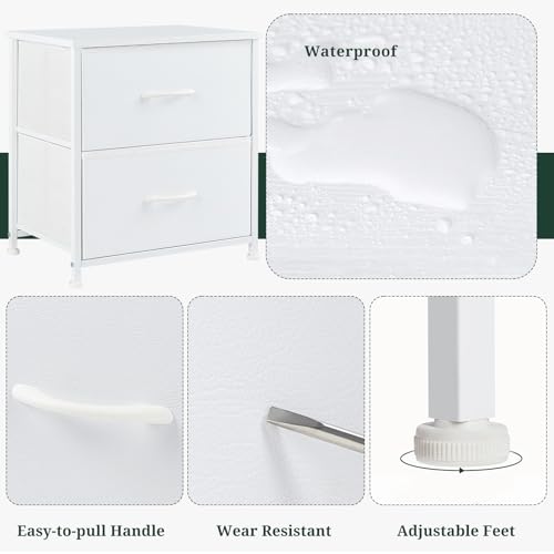 Nightstand Set of 2 Small 2 Drawer Dresser End Table Bedside Furniture | Wooden Top Fabric Bins for Bedroom, Closet, Entryway, Dorm, 11.8" D x 18" W x 20", White - color: White
