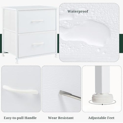 Nightstand Set of 2 Small 2 Drawer Dresser End Table Bedside Furniture | Wooden Top Fabric Bins for Bedroom, Closet, Entryway, Dorm, 11.8" D x 18" W x 20", White - color: White