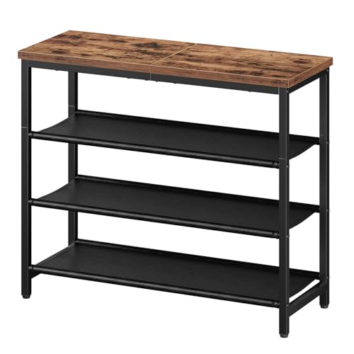HOOBRO Shoe Rack with 3 PU Shelves, 4-Tier Shoe Storage Organizer for Closet and Entryway, Holds 9-12 Pairs of Shoes, Sturdy Metal Frame, Small Spaces, Rustic Brown and Black BF94XJ01