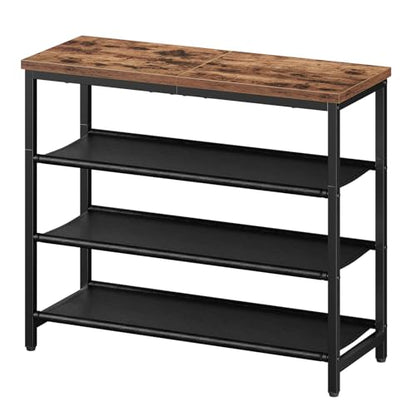 HOOBRO Shoe Rack with 3 PU Shelves, 4-Tier Shoe Storage Organizer for Closet and Entryway, Holds 9-12 Pairs of Shoes, Sturdy Metal Frame, Small Spaces, Rustic Brown and Black BF94XJ01