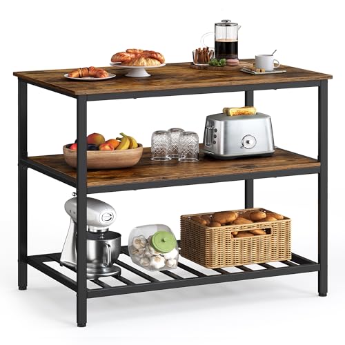 VASAGLE Kitchen Island with 3 Shelves, 39.4 Inches Width Kitchen Shelf with Large Worktop, Stable Steel Structure, Industrial, Easy to Assemble, Rustic Brown and Black UKKI005B01 - color: Rustic Brown + Black, size: 39.4"W x 35.4"H, style: without Power O