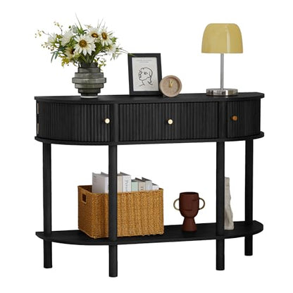 XUZENEST 43.3“ Fluted Half Moon Console Table, Modern Entryway Console Sofa Table with Storage, Narrow Wood Accent Tables Behind Couch Tables for Living Room, Hallway, Foyer(Black) - color: 43.3 Haflf Moon Black