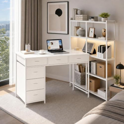 L Shaped Gaming Desk, 6 Drawer Computer Desk with Power Outlets, Reversible Corner Desk with Storage Shelves, Small L-Shaped Desk for Home Office, Space Saving Game Table, White