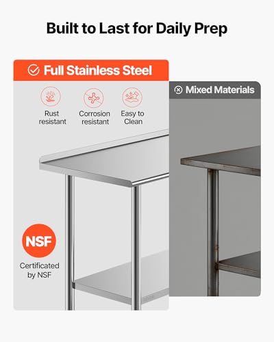 VEVOR Stainless Steel Work Table, 24x60 Inch Food Prep Table, Commercial Kitchen Workstation with Adjustable Undershelf, Metal Heavy Duty Utility Worktable, for Restaurant Home Hotel Garage Outdoor - size: 24*60