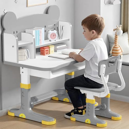 Kids Desk and Chair Set, Height Adjustable Child's School Study Writing Tables, Kids Desk with Bookstand and Storage Drawer, Widened Desktop with Desktop for Boys and Girls (Gray-F) - color: Gray-f