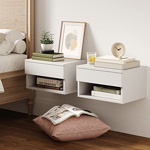 Nathan James Jackson Wall Mounted Floating Bedroom Nightstand with Storage Drawer and Modern Open Shelf Cubby Set of 2, White - color: White, size: Set of 2
