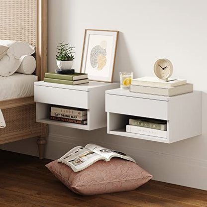 Nathan James Jackson Wall Mounted Floating Bedroom Nightstand with Storage Drawer and Modern Open Shelf Cubby Set of 2, White - color: White, size: Set of 2