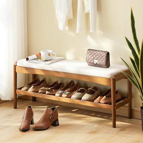 STDDRE Shoe Bench Entryway Bamboo 2-Tier Shoe Rack with Cushion Padded Seat Shoe Bench Organizer Stable for Entry, Hallway, Living Room, Bedroom, Closet (39.4 * 11.4 * 16.5IN, Brown-Beige) - color: Brown-beige, size: 39.4*11.4*16.5Inches