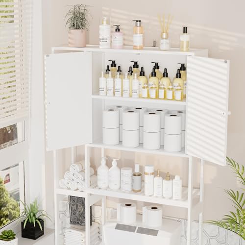 Bamboo Over The Toilet Storage, Above Toilet Organizer Storage Shelf, Tall Freestanding Behind Toilet Rack, Tiered Bathroom Space Saver Shelving, Easy Assembly (White) - color: White