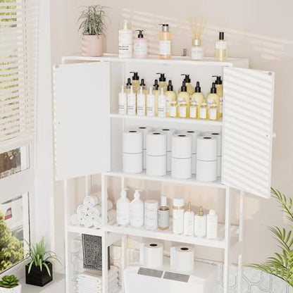 Bamboo Over The Toilet Storage, Above Toilet Organizer Storage Shelf, Tall Freestanding Behind Toilet Rack, Tiered Bathroom Space Saver Shelving, Easy Assembly (White) - color: White